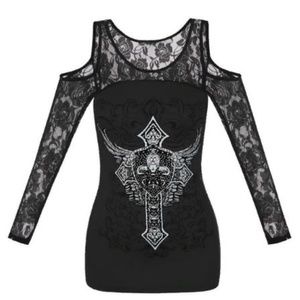 Off shoulder long lace sleeves gothic cross top